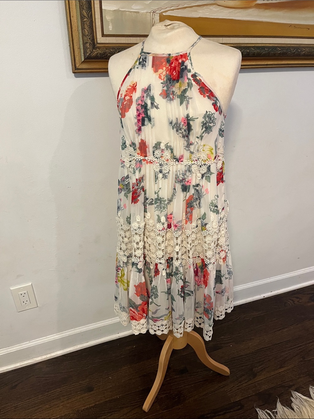 Ranna Gill Cream Dress with Blue and Red Floral Accents